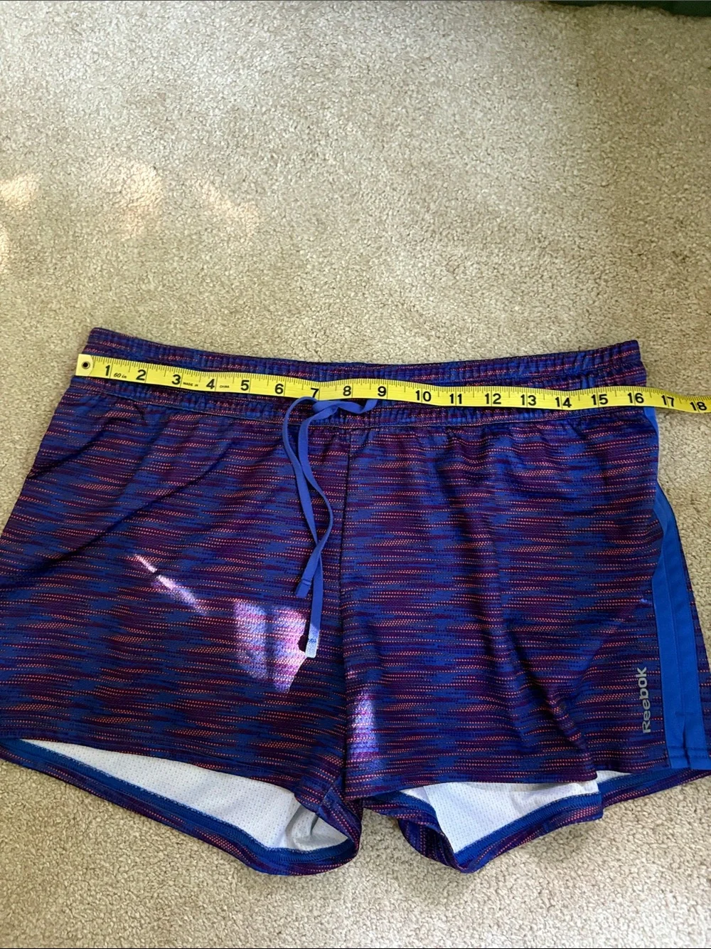 Reebok Women's Purple and Blue Space-Dye Drawstring Athletic Shorts Side Stripe